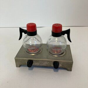 Vintage 50s Mini Glass Coffee Pots and Metal Hot Plate Salt & Pepper Shakers Set